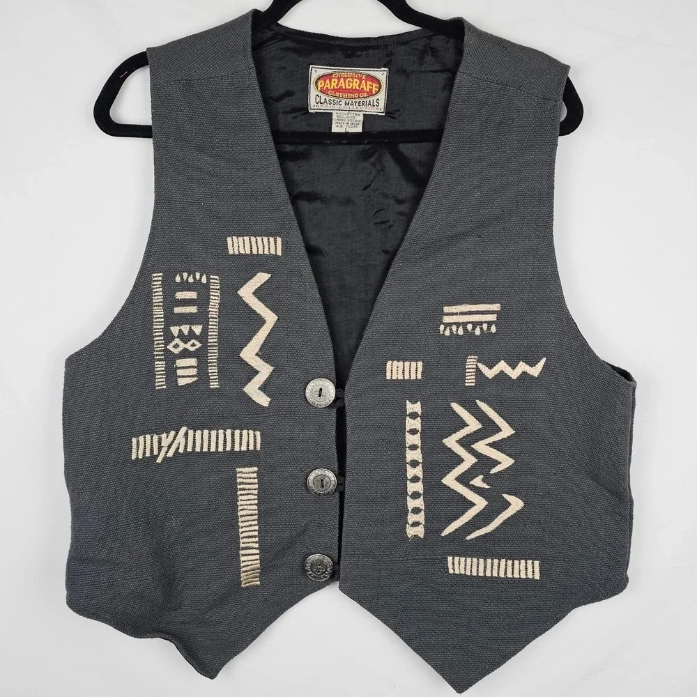 Vintage Paragraff Clothing Co‎ Gray Cotton Jute Embroidered Vest Mens Large Boho